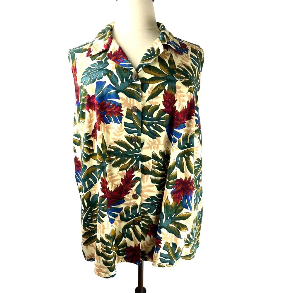 VTG Travel Coastal Beach Hawaiian Original Sleeveless Floral Blouse, Women's 2X
